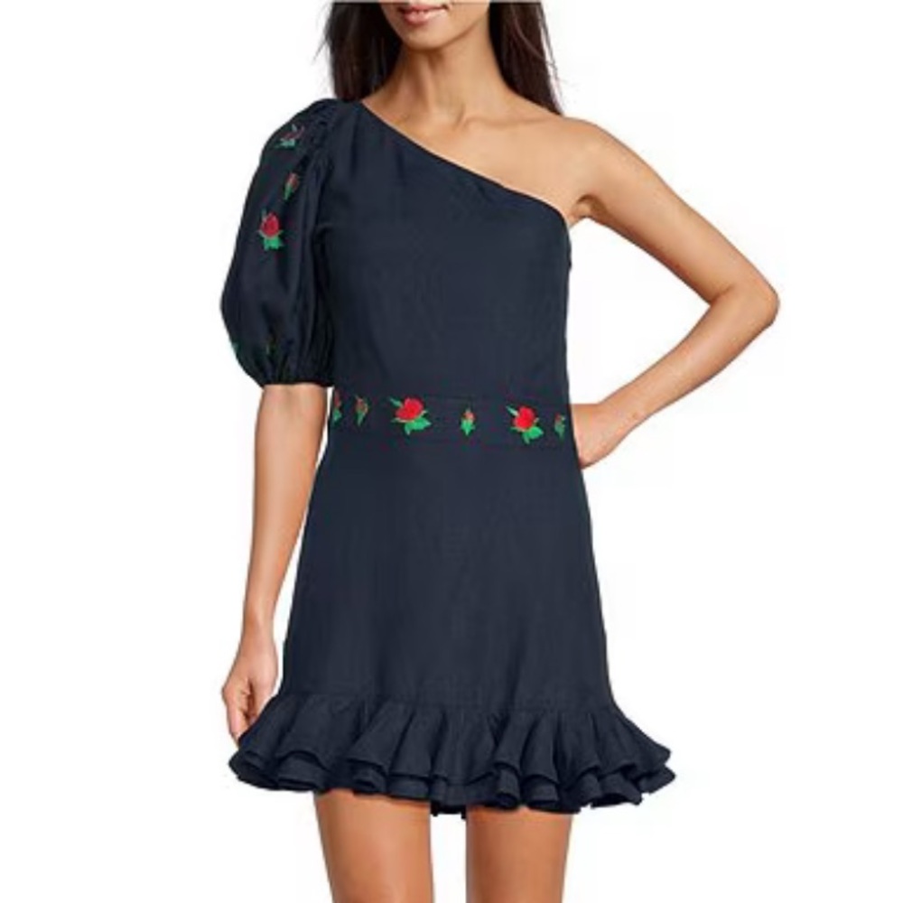 NWT Fanm Mon Mini Dress new Linen One Sleeve Ruffle Hem Floral Embroidery